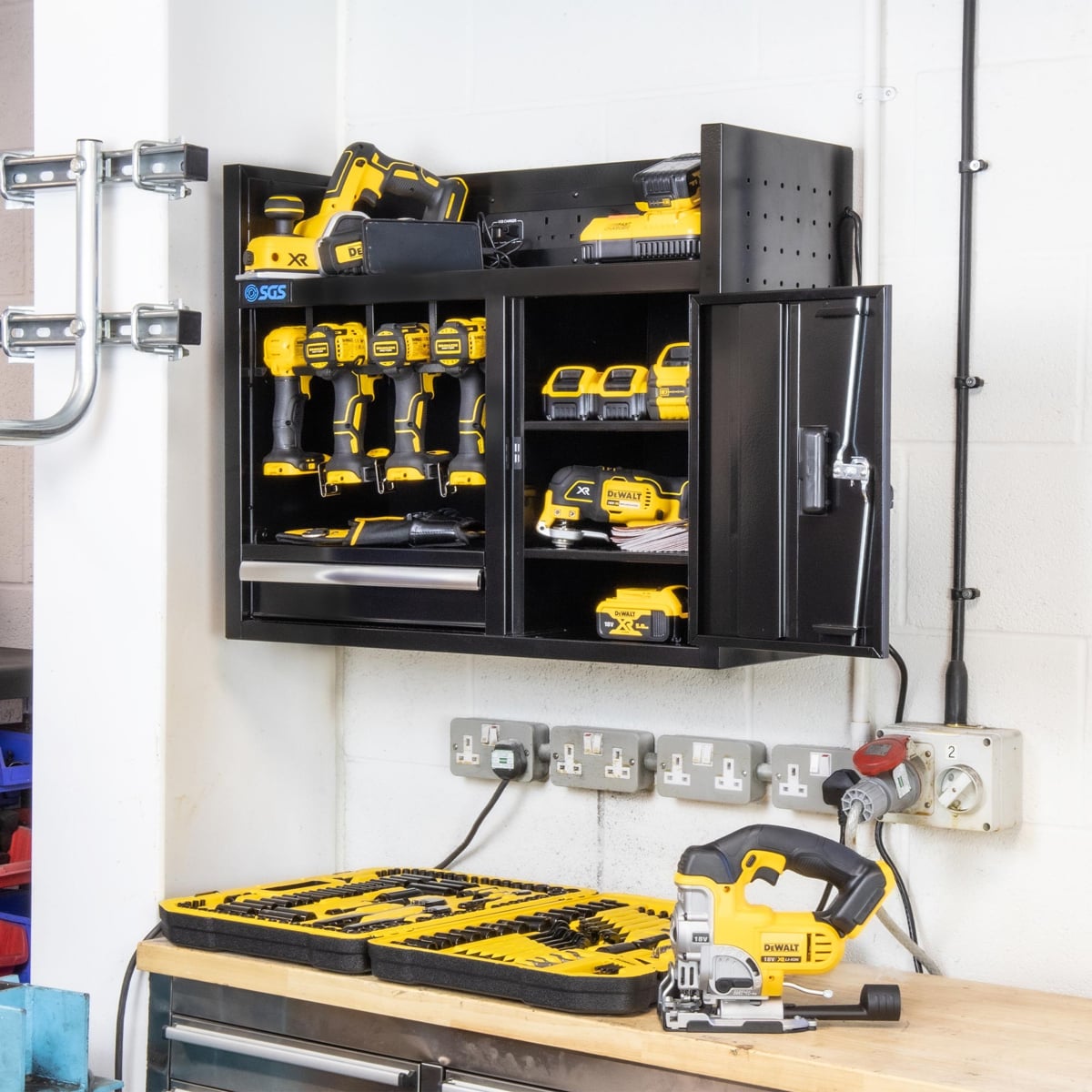 SGS 30in Wall Mounted Power Tool Storage Rack and Charging Station | 4 Slots | Drawer | Cabinet